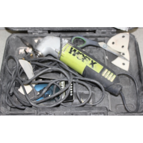 834 - Boxed spray gun with accessories, bench grinder, disc saw, and another saw in case (4)