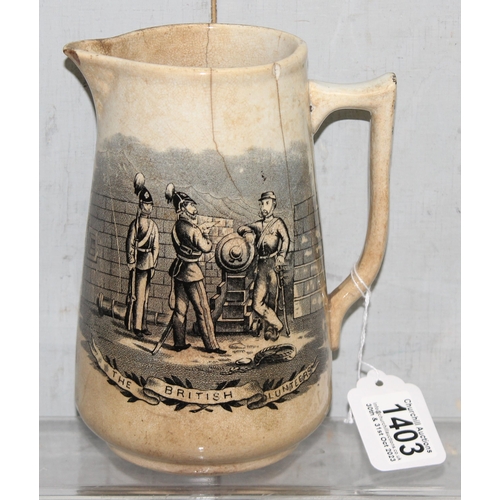 1403 - An unusual antique transfer printed jug bearing 2 scenes of 