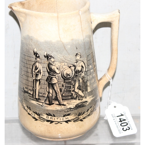 1403 - An unusual antique transfer printed jug bearing 2 scenes of 