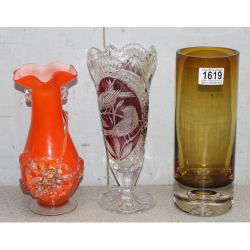 1619 - 3 assorted retro glass vases