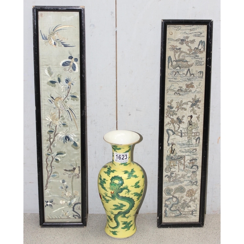 1623 - A pair of antique Chinese silk embordered panels in frame, the larger approx 55cm x 12cm and a yello... 