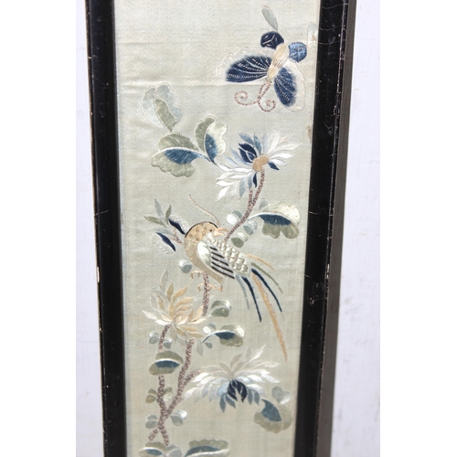 1623 - A pair of antique Chinese silk embordered panels in frame, the larger approx 55cm x 12cm and a yello... 