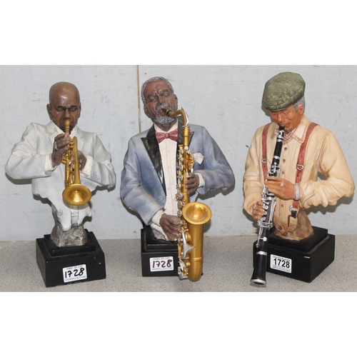 1728 - 3 resin handmade bust sculptures of jazz musicians, approx 34cm tall