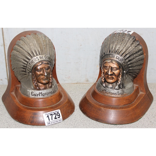 1729 - Pair of bookends featuring the 'Feathers In Our Cap' hood bonnet mascot for Guy Motors Ltd, approx 1... 