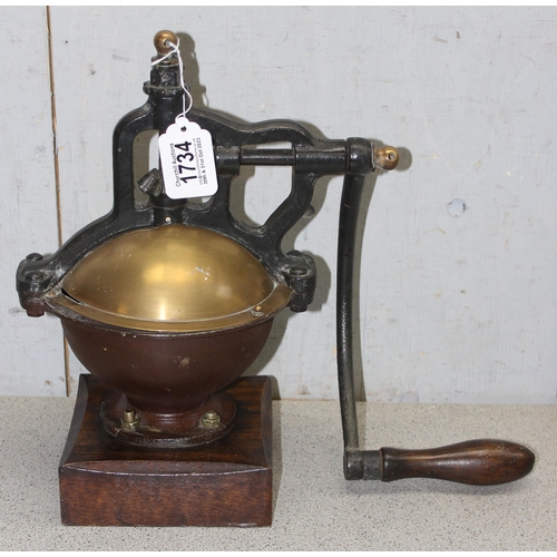 1734 - A large vintage wooden, brass and iron coffee grinder