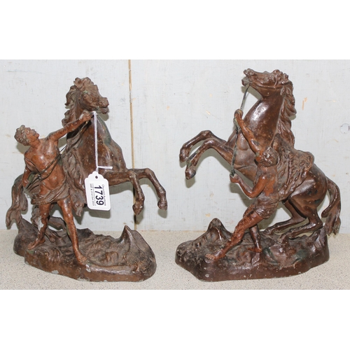 1739 - A pair of antique bronzed spelter Marly Horses, each approx 28cm tall