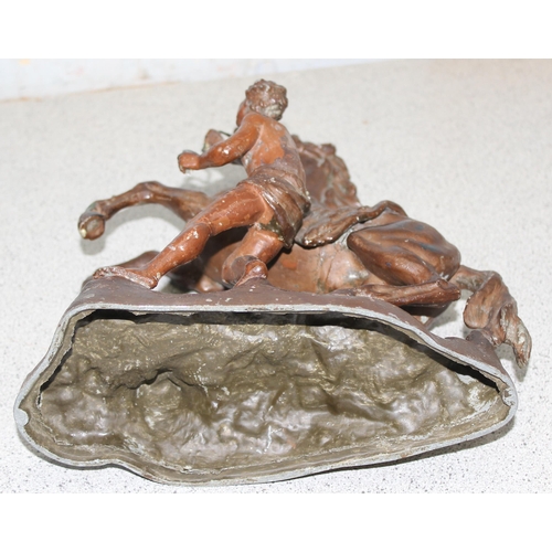 1739 - A pair of antique bronzed spelter Marly Horses, each approx 28cm tall