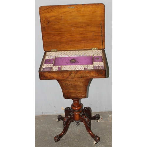 87 - A Victorian burr walnut trumpet shaped sewing table with interior, approx 51cm wide x 39cm deep x 74... 