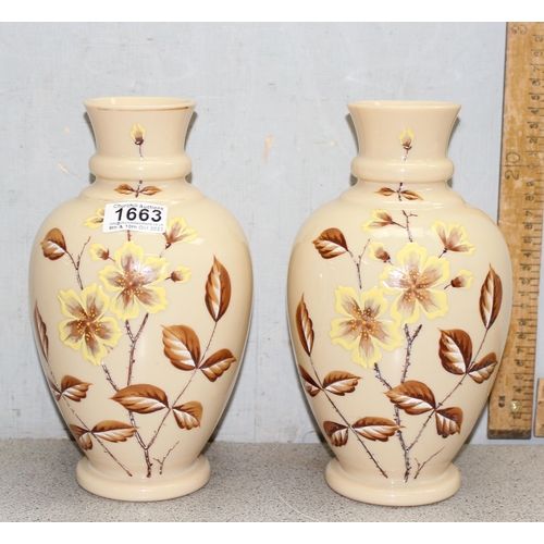 1656 - Pair of Victorian hand painted floral milk glass vases