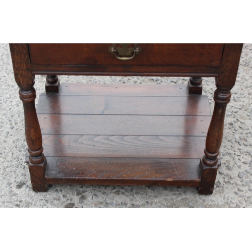 65A - A small antique oak console table with single drawer, approx 58cm wide x 47cm deep x 59cm tall