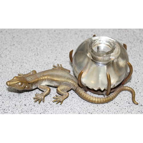 1657 - An unusual late 19th or early 20th century novelty brass and glass inkwell formed as a lizard and a ... 