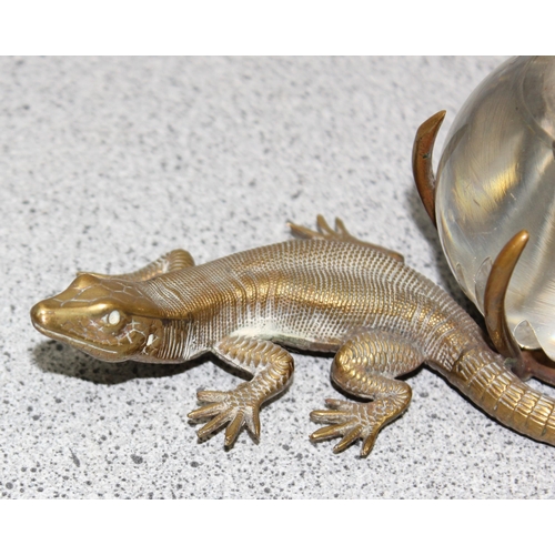 1657 - An unusual late 19th or early 20th century novelty brass and glass inkwell formed as a lizard and a ... 