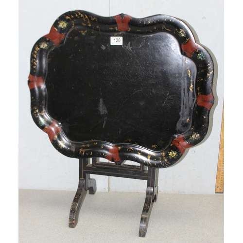 120 - Antique papier mache tilt top folding table, tray approx 61cm x 48cm, 50cm high