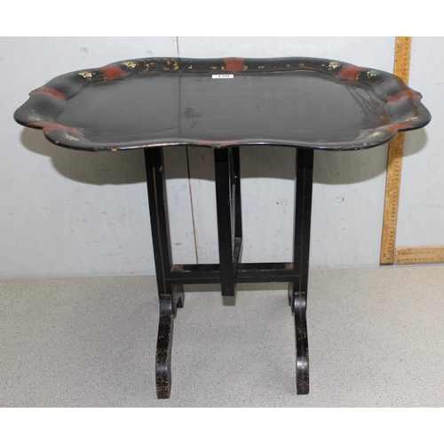 120 - Antique papier mache tilt top folding table, tray approx 61cm x 48cm, 50cm high