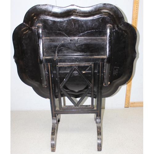 120 - Antique papier mache tilt top folding table, tray approx 61cm x 48cm, 50cm high