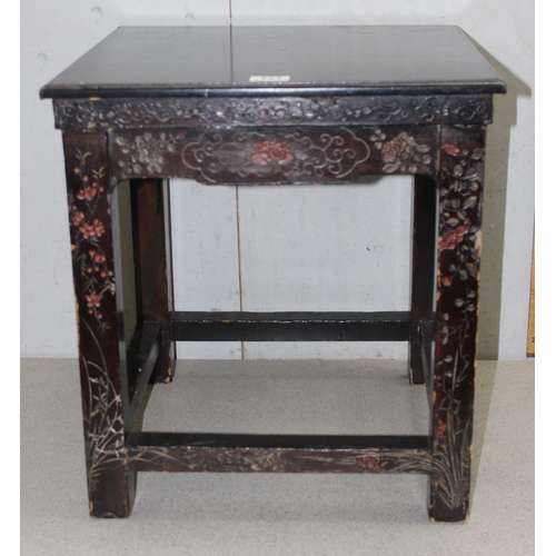 121 - Oriental inspired ebonised side table with carved floral inlay, approx 46cm x 46cm x 50cm