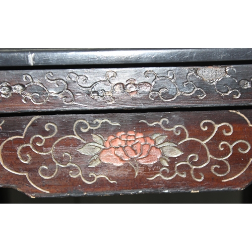 121 - Oriental inspired ebonised side table with carved floral inlay, approx 46cm x 46cm x 50cm