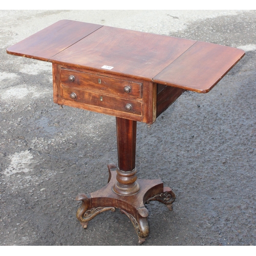 130 - A small 19th century pedestal mahogany drop leaf table with two drawers, approx 80cm W x 42cm D x 72... 