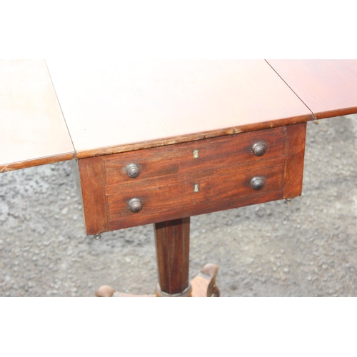 130 - A small 19th century pedestal mahogany drop leaf table with two drawers, approx 80cm W x 42cm D x 72... 