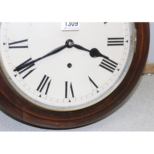 1309 - An antique round mahogany cased wall clock with mechanical movement, key and pendulum, approx 45cm i... 