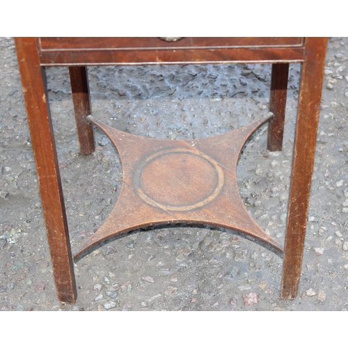 133 - Edwardian mahogany bijouterie table with square glazed hinged lid and single drawer over raised X-st... 