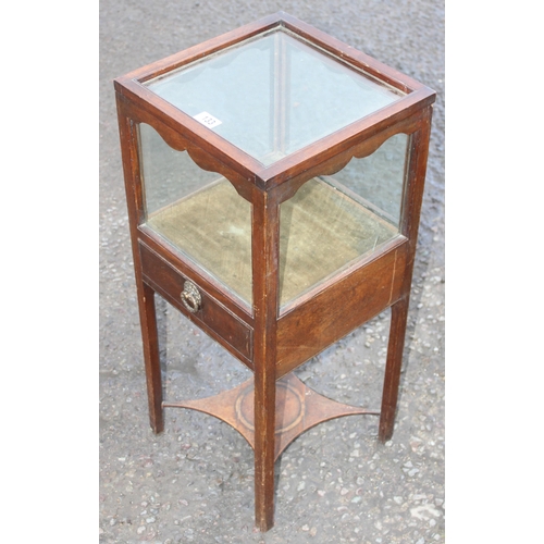 133 - Edwardian mahogany bijouterie table with square glazed hinged lid and single drawer over raised X-st... 