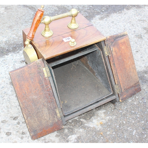 135 - Oak and brass coal scuttle with Art Nouveau panels and original shovel, approx 40cm W x 31cm D 40cm ... 