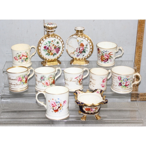 1628 - Qty of assorted hand painted porcelain items, mainly floral decorated mugs with names