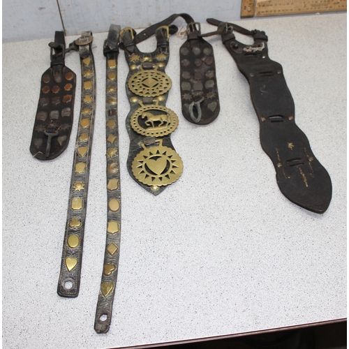 1798 - Qty of antique and later horse brasses and adornments, mostly on leather straps