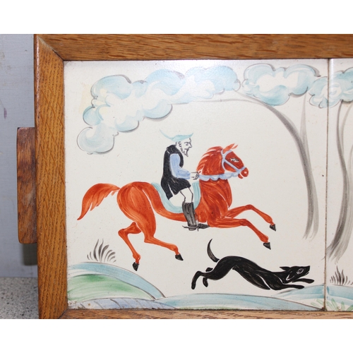 1800 - Framed/tray of a trio of hand-painted tiles of a medieval hunt scene, likely by Packard & Ord but th... 