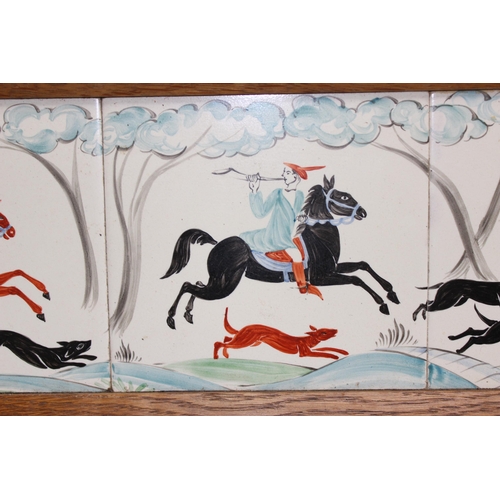 1800 - Framed/tray of a trio of hand-painted tiles of a medieval hunt scene, likely by Packard & Ord but th... 