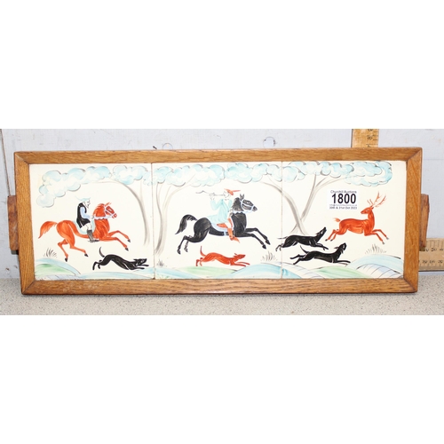 1800 - Framed/tray of a trio of hand-painted tiles of a medieval hunt scene, likely by Packard & Ord but th... 