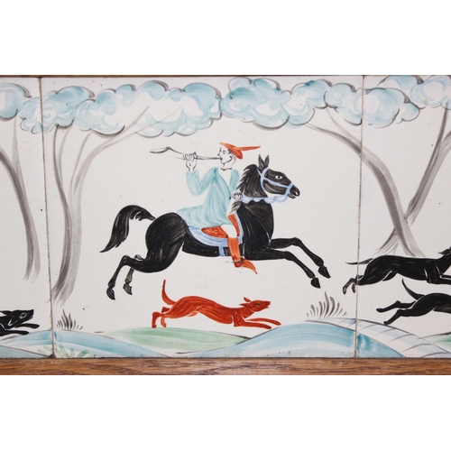 1800 - Framed/tray of a trio of hand-painted tiles of a medieval hunt scene, likely by Packard & Ord but th... 