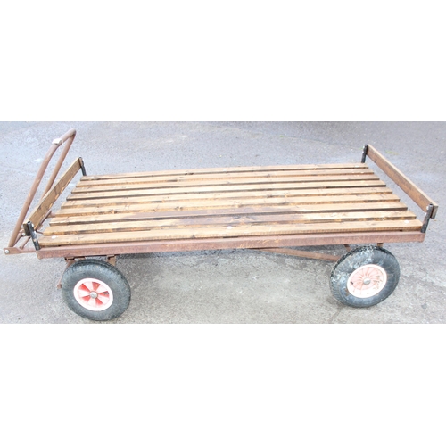 323 - Heavy duty garden trailer or trolley, approx 240cm W x 100cm D x 66cm H