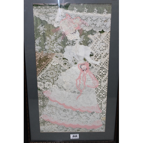 444 - 2 framed embroidery works/lace collages, approx 75cm x 48cm