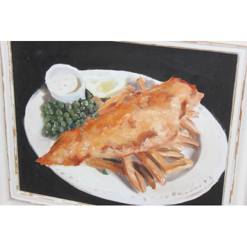 445 - Framed oil on board of fish and chips, possibly signed bottom right but hidden by frame, approx 41cm... 