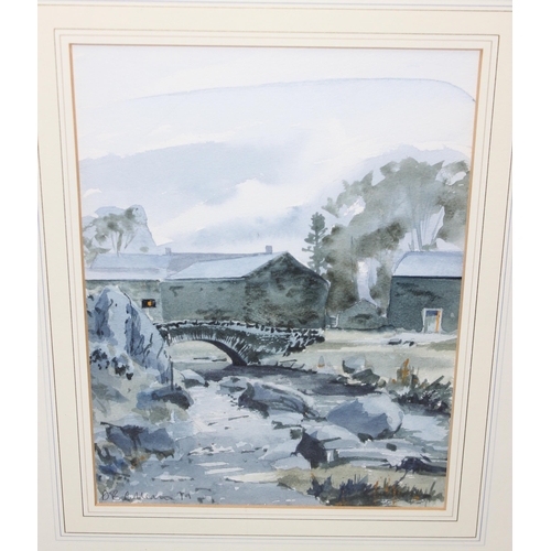 446 - Moody watercolour of a waterside farmhouse, indistinctly signed bottom left, dated '79? approx 49cm ... 