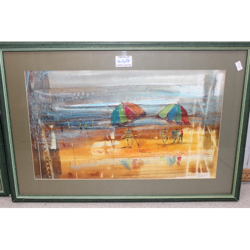 447 - 2 framed colourful pastel pictures of people with umbrellas, same artist but indistinctly signed bot... 