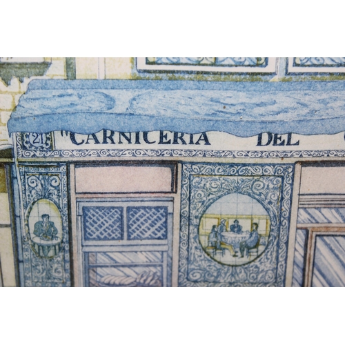 448 - A vintage coloured limited edition etching depicting a butcher's shop, signed 