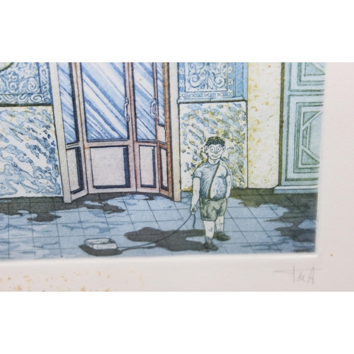 448 - A vintage coloured limited edition etching depicting a butcher's shop, signed 