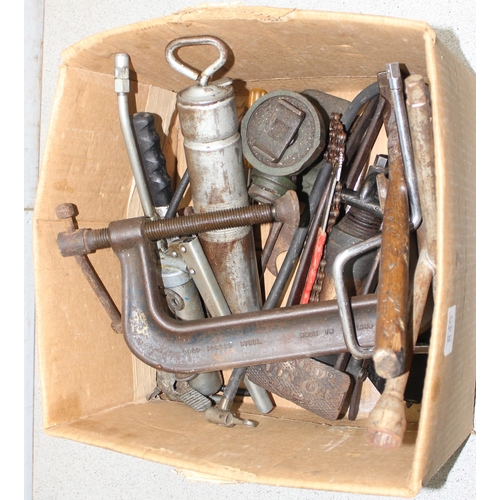 849 - Qty of tools to include G-clamps and a vintage footpump