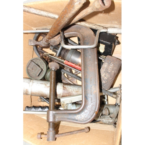 849 - Qty of tools to include G-clamps and a vintage footpump