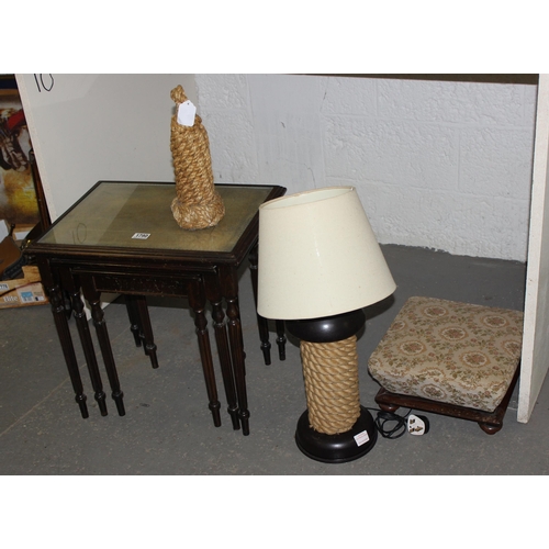 1790 - Qty of misc to incl nest of tables, rope lamp, rope door stop and an antique footstool (4)