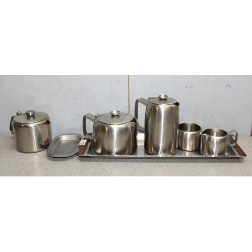 1755A - Retro stainless steel kitchenalia to include pots by 'Old Hall' England, with serving tray and a qty... 