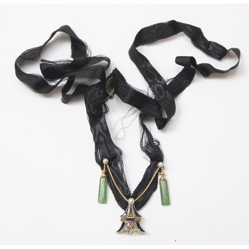 1128A - 3 necklaces to incl an unusual Art Deco period necklace on black fabric strap, the main pendant form... 