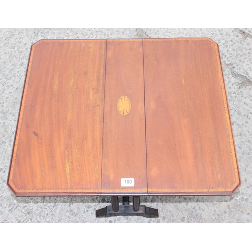 100 - Small mahogany Edwardian drop leaf Sutherland table with Sheraton revival inlay, approx 69cm W x 61c... 