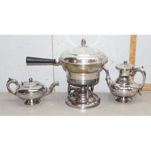 1035 - Assorted silver-plated items to incl teapot, coffee pot and a cooking burner, approx 4.3kg gross