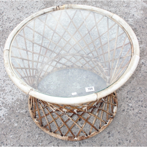 104 - Drum shaped bamboo coffee table with glass top, approx 66 cm W x 47cm H