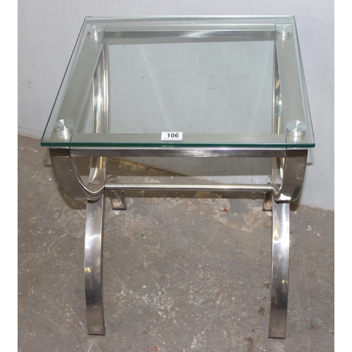 106 - Retro X-framed chrome side table with glass top, approx 50 W x 50 D x 60 H