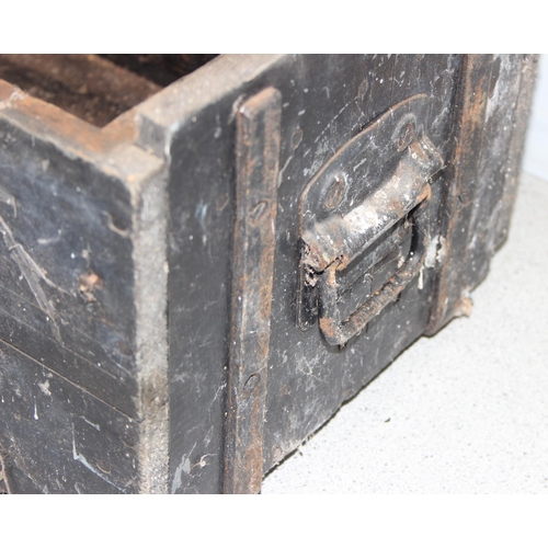 1440 - Vintage black wooden ammo box with iron side handles approx. 58cm W x 29cm D x 26cm H